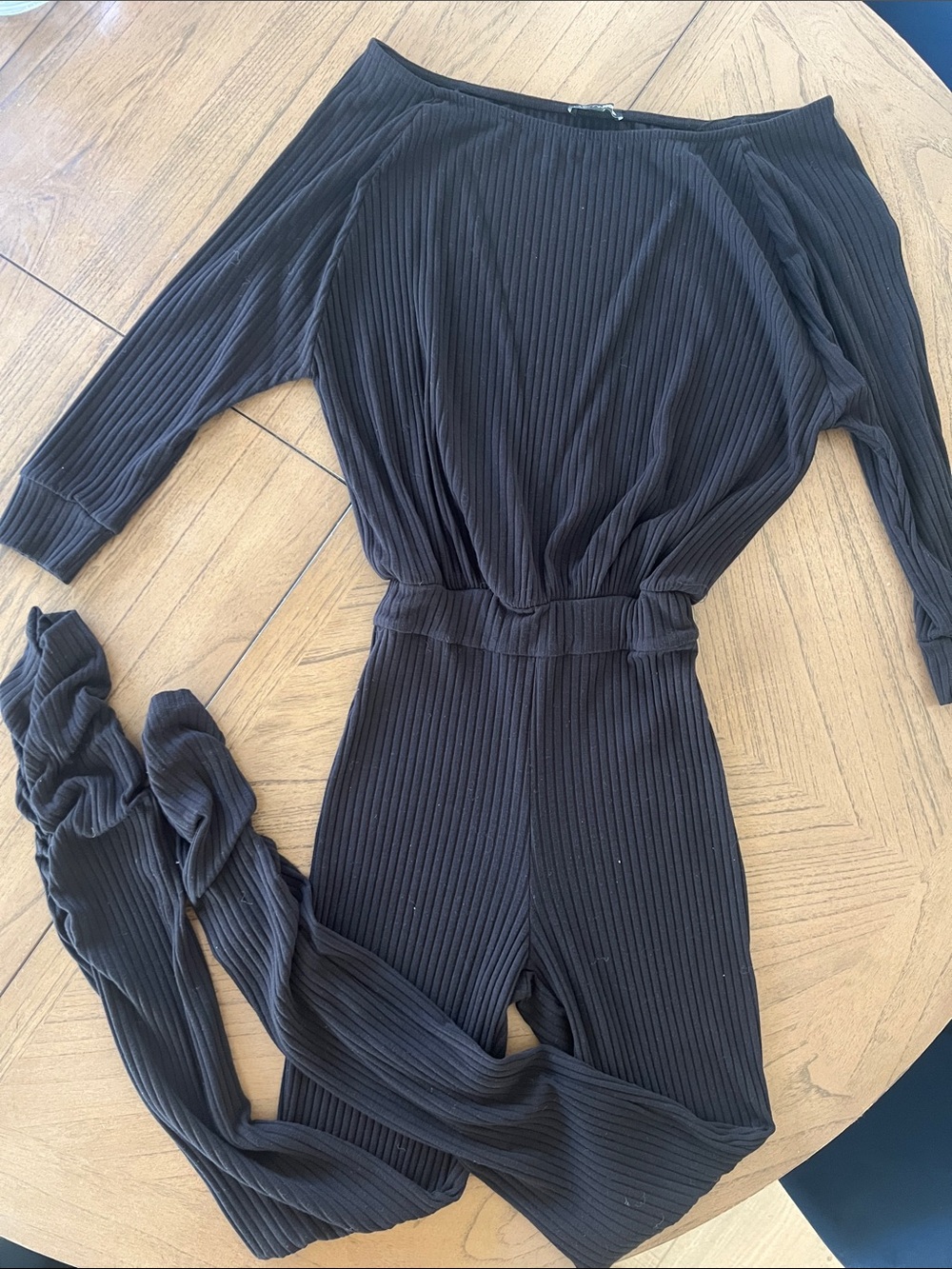 Fashion Nova Black Ribbed Off-Shoulder Jumpsuit
